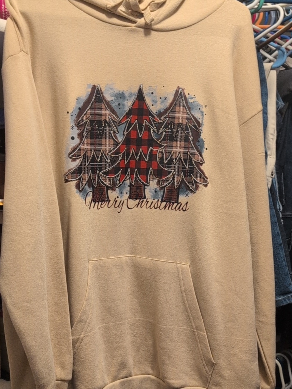 Cream Women's Holiday Hoodie with Plaid Tree Graphic